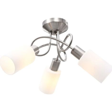 Plafonnier avec abat-jour en verre, 3 ampoules E14, ampoules blanches coniques. (1/5)