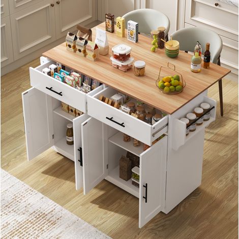 Carrello da cucina 120x71x92 cm con 4 ante, 2 cassetti, vassoio tavolo pieghevole, portasciugamani, portaspezie, bianco (1/5)