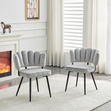 Pack de 2 sillas de comedor, sillas modernas para salón en terciopelo, respaldo en forma de pétalo y patas de metal lacado, gris claro (1/5)