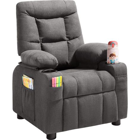 VEVOR Fauteuil inclinable pour enfants, chaise relax ergonomique avec porte-gobelets, poches et repose-pieds, dossier reglable 107°-126°, tissu en polyester respirant, pour chambre d’enfants, gris (1/5)