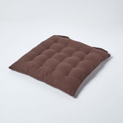 HOMESCAPES Chocolate Brown Plain Seat Pad with Button Straps Cotton 40 x 40 cm
