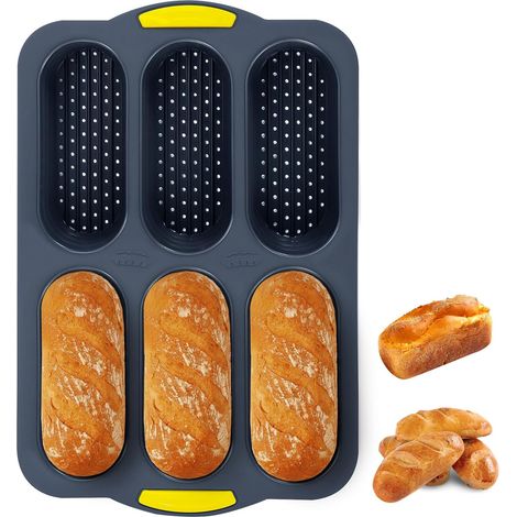 Teglia rettangolare per pane in silicone antiaderente e resistente al calore con stampo per hot dog forato, teglia da forno antiaderente a 6 scomparti, utensili da forno - grigio (1/5)
