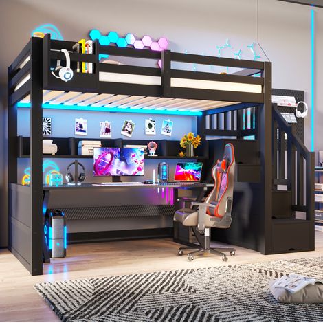 Hochbett 90x200 cm aus schwarzem Holz mit Stauraum, für Kinderzimmer, ohne Matratze – MEUBLIV (1/5)