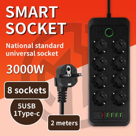 QORVA-Multiprise Electrique Multiprise 8 Prises avec 5 Ports USB avce 1 Port type C, Câble 2Mpour Maison Bureau,Noir (1/5)