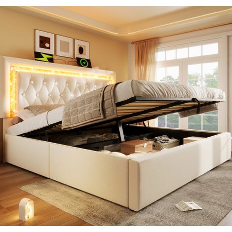 Polsterbett 160x200 cm mit Matratze, LED, USB-C, hydraulischem Stauraum und Lattenrost Beige (1/5)