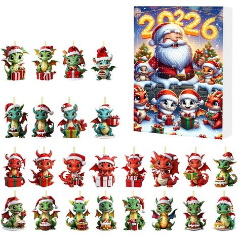 Baby-Drachen-Adventskalender 2026, 24-teilige 2D-Acryl-Hängedekorationen mit niedlichen Drachenfiguren, festliche Weihnachtsbaumkugeln für die Heimdekoration (1/5)