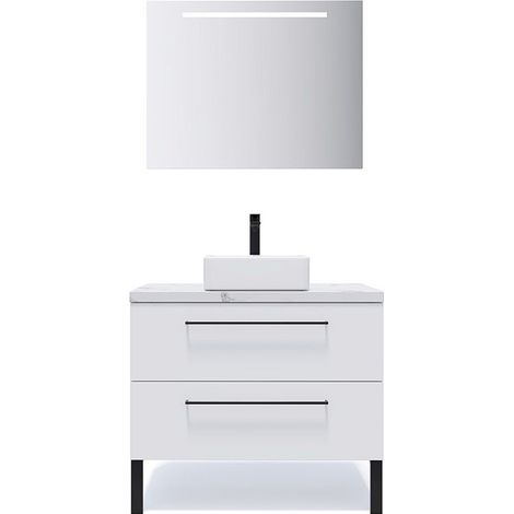 Meuble de salle de bain suspendu vasque à poser 90cm 2 tiroirs Blanc + miroir - Glasgow (1/5)