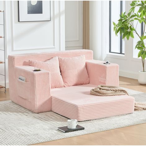 Doppel-Schlafsofa aus rosa Cord-Samt mit 2 Kissen, Getränkehalter und Seitentaschen (1/5)