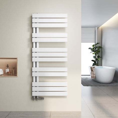 Heilmetz Radiador toallero de agua caliente 117,6 x 50 cm, 573 W, Blanco, Diseño asimétrico, Tubos planos, Conexión lateral
