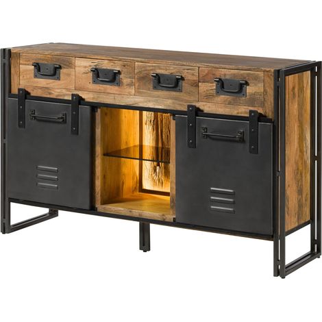 Sideboard Mango / Altholz 150x45x90 natur / grau lackiert / Metall grau BLACKBURN LUX 410