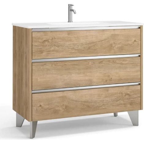 Mueble Baño al Suelo con Lavabo Cerámico  3 Cajones Cierre Amortiguado y Organizador  60 cm Roble Natural Tirador Cromo (1/5)