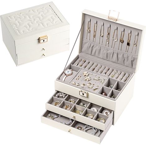 Boîte de bijoux en cuir multifonction avec plusieurs niveaux, grande capacité pour rangement organisé des colliers, bagues et accessoires - (Blanc - Version améliorée)