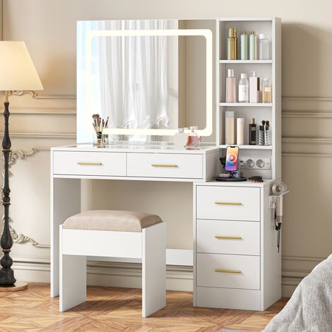 Coiffeuse in Vetro con LED a 3 Colori, Porte USB e C, Prese EU, Supporto per Asciugacapelli, Tavolo da Trucco Moderno con Sgabello in Tessuto Kaki 140x110x36 cm