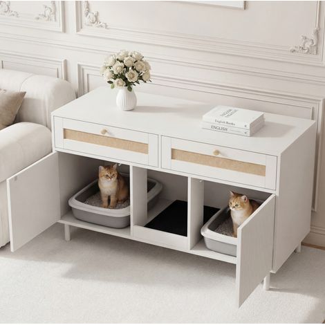 Meuble pour litière de chat avec tapis anti-poussière et tiroir en rotin, armoire multifonction blanche 120x50x65 cm (1/5)