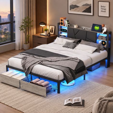 Lit coffre 160x200 cm,lumière LED et port USB,lit capitonné avec 2 tiroirs,lit double moderne,tête de lit avec rangement,cadre de lit 160x200,sommier à lattes,lit adultes,similicuir PU,Noir (1/5)