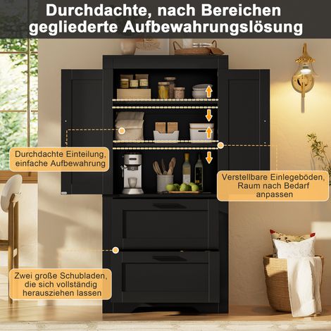 Buffet de rangement campagnard noir, 2 tiroirs, étagères ajustables, armoire auxiliaire à porte de grange, meuble polyvalent pour cuisine, salle à manger et salon, rangement spacieux (1/5)