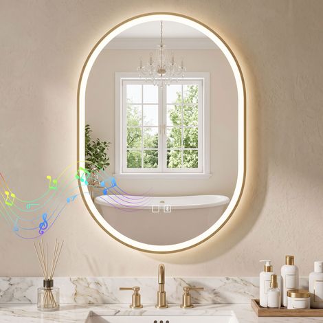 HOMCOM LED Bathroom Mirror, 100x70cm Oval Bathroom Mirror, Gold Tone (1/5)