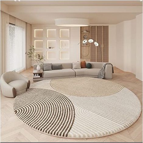 Tapis rond, 160 cm, à poils longs, beige, blanc, marron, à poils courts, moelleux, lavable, tapis moderne pour salon, chambre, chambre d'enfant, cuisine, usage extérieur (1/5)