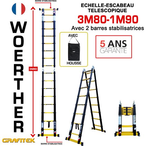 Echelle-escbeau télescopique3m80/1m90 Woerther avec barre stabilisatrice - Charge maximal 150Kg - Garantie 5 ans (1/3)