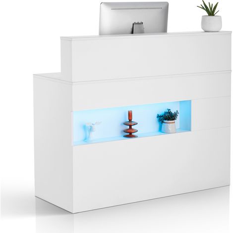 VEVOR Banco Reception 1200 x 475 x 1000 mm Tavolo da Banco Rettangolare, Tavolo di Vendita per Ufficio con Luce a LED, 2 Cassetti e Prese, per Cassa, Hall, Salone di Bellezza e Ufficio, Bianco (1/5)
