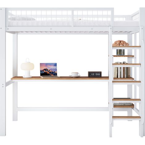 Lit superposé 90x200 avec bureau et étagères, échelle 5 marches, garde-corps, cadre en métal et bois, blanc et bois clair  CHICFURN (1/5)