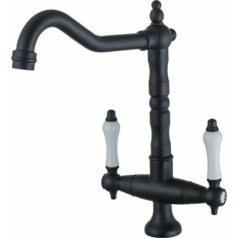 Robinet Cuisine - Mitigeur 2 Poignées - Bec Pivotant 360° - Haut Débit en Laiton - Noir Mat - Pour Évier Simple ou Double - 1 Pièce (1/2)