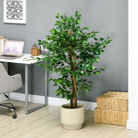Pianta artificiale di ficus 100.0x18.0x18.0 cm, design realistico, con vaso incluso, plastica e metallo, verde (1/5)