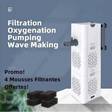 Filtre Aquarium Intérieur 15W 1000L/H Pompe de filtre d\'aquarium Pour cycle d\'eau, oxygénation+ 4 pcs Mousse de Filtration -blanc (1/4)