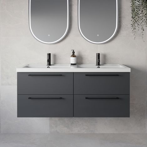 Napoli 390 Gloss Grey 1200mm Wall Mounted 4 Drawer Vanity Unit with Double Lucia Basins - 1200mm - Matt Black 320mm Handle