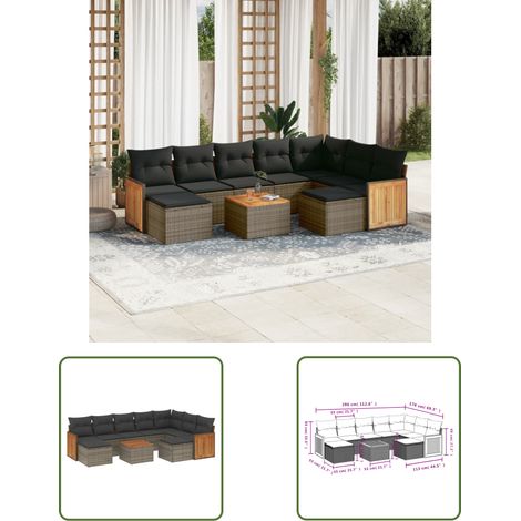The Living Store 10-tlg. Garten-Sofagarnitur mit Kissen Grau Poly Rattan - Gartenmöbel - Esstischgarnitur - Lounge Set - Outdoor Möbel - Rattan Gartenmöbel (1/3)