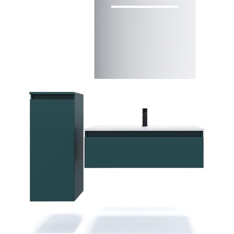 Meuble de salle de bain suspendu vasque intégrée 90cm 1 tiroir Bleu + miroir + colonne ouverture gauche - Hudson (1/5)