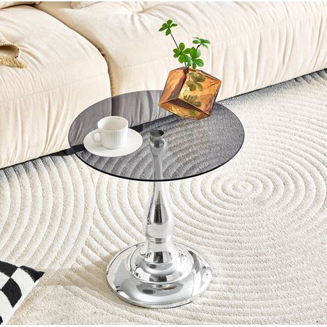 Mesa auxiliar redonda de vidrio templado y metal, 50 cm, color plata, OKWISH (1/5)