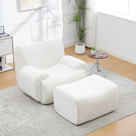 Fauteuil en chenille avec tabouret 113x94x78,5 cm ivoire, emballé sous‑vide mousse 30D élastique pour salon et petites pièces (1/5)