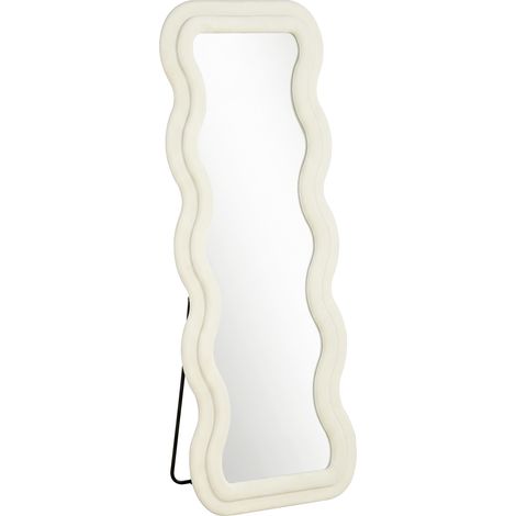 Miroir sur pied 160 x 60 cm, miroir ondulé avec support ou fixation murale, cadre aspect velours et verre de sécurité, couleur crème (1/5)