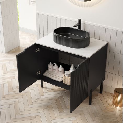 Waschtisch Keramik, MDF & Sinterstein Schwarz/Weiß, 76 cm, freistehend mit 2 Türen und Soft-Close (1/5)
