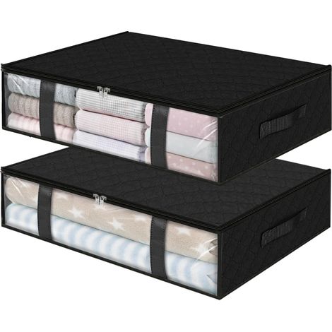Lot de 2 bacs de rangement sous lit 40 L, sacs pliables en tissu avec fenêtre transparente, organiseur respirant pour vêtements couvertures couettes, noir (1/5)