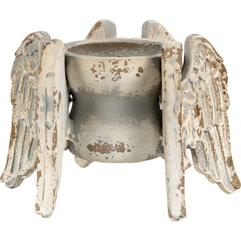 Bougeoir Chandelier en Bois Style Brocante Motif Ailes Gris Beige 21 x 19 x 15 cm - PANGIVO (1/2)