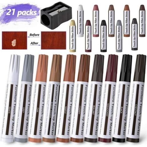 21 pcs Stylos de retouche de Meubles Marqueur feutré Multi-usages Kit de réparation de Meubles pour teintures, égratignures, planchers de bois, tables avec Taille-Crayon (1/4)
