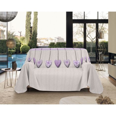 Telo Arredo Made in Italy in Cotone Grandfoulard Copritutto Copridivano Copriletto-Teli Sofà Arredatutto-Drappeggio-Arazzo-Copridivano Grand Foulard Letto Matrimoniale - Cuori Lilla