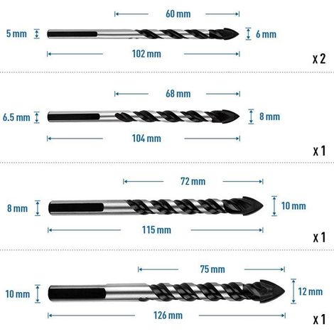 HOXILEELEO - Lot de 5 forets multi-matériaux pour céramique, carrelage, brique, verre, plastique et bois, 6 mm, 8 mm, 10 mm, 12 mm (1/3)