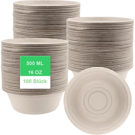 Lot de 100 bols à soupe jetables en carton - 500 ml - Marron - Pour fête, anniversaire, camping, barbecue et fête (1/5)