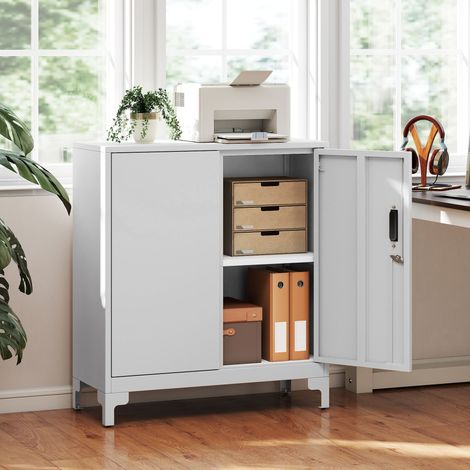 Mobiletto portadocumenti in metallo con 2 ante, serratura e ripiano - Facile da montare, ideale per ufficio, studio e garage - 80x35x91 cm - Bianco