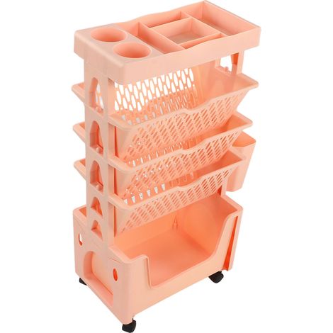 Grande étagère portable à roulettes, 5 niveaux, multifonctionnelle et mobile, idéale pour la chambre, le salon, la maison et l'école, rose. (1/5)