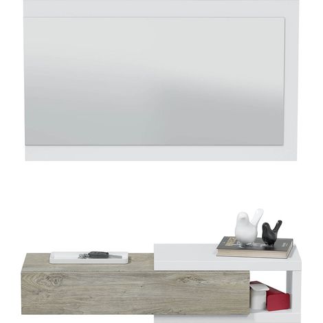 Meuble d'entrée avec un miroir coloris blanc artic / chêne - H.19 x L.95 x P.26 cm -PEGANE-