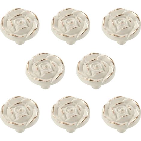 Paquete de 8 pomos antiguos con forma de rosa para armarios, tiradores de cajón de aleación de zinc blanco estilo shabby chic vintage para cómoda, tocador, mesita de noche, armario (1/5)