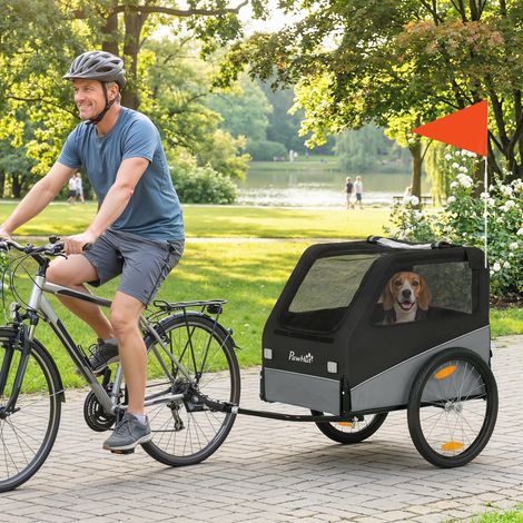 Remorque vélo pour chien avec pneus de 20 pouces, attelage universel, réflecteurs, drapeau, laisse, 139 x 72 x 88 cm, grise et noire (1/5)