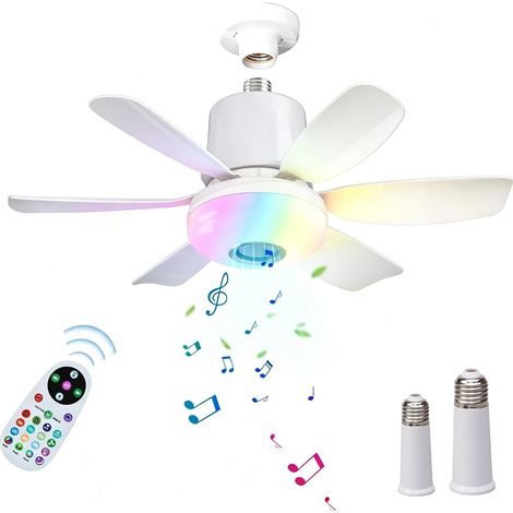 Plafonnier Ventilateur LED RGB Dimmable Silencieux avec Douille E27 Ventilateur de Plafond 3 Vitesses Fonction Minuterie Haut-parleur Bluetooth pour Chambre à Coucher, Salon, Cuisine (Blanc) (1/5)