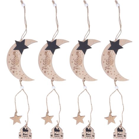 4 pièces décoration lune Aïd en bois, pendentif lune étoile durable design raffiné pour maison fête bureau (1/5)