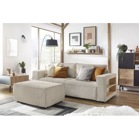 Bobochic – Canapé convertible 3 places avec coffre et tablette accoudoir – Velours côtelé beige – Couchage 190x152cm – Style classic chic (1/5)
