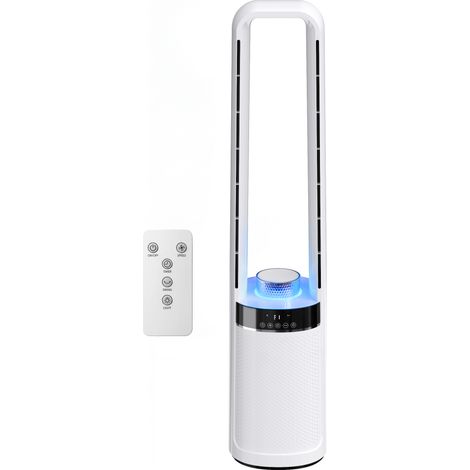 Ventilateur colonne sans pales, oscillation à 45°, éclairage LED, 3 vitesses, minuterie 12 heures, télécommande